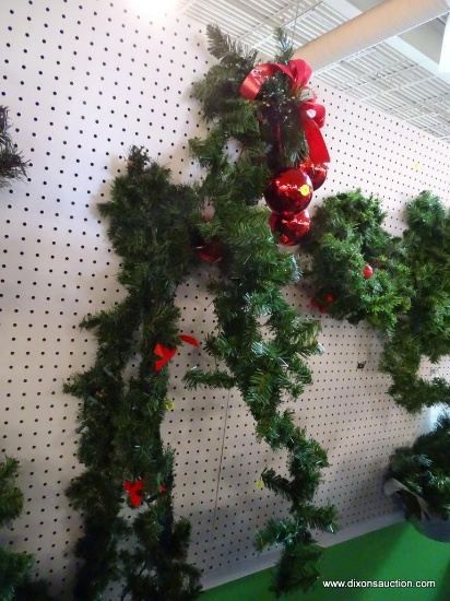 GARLAND LOT; 3 PCS OF GARLAND. SOME WITH RED BALLS, SOME WITH PINE CONES, SOME WITH RED BERRIES AND