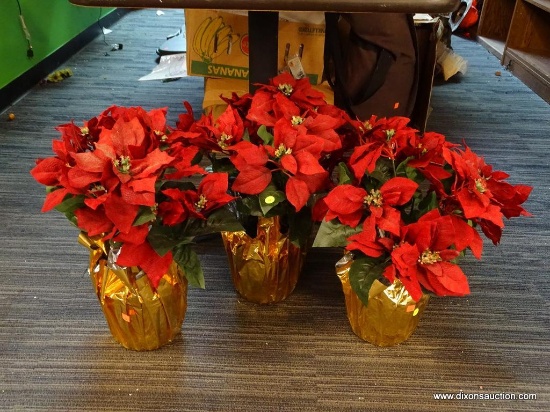 POINSETTIAS LOT; TOTAL OF 3 ARTIFICIAL POTTED POINSETTIAS. BASES ARE WRAPPED IN GOLD FOIL, EACH