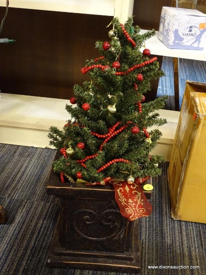 MINIATURE CHRISTMAS TREE WITH WRAPPED BASE; PRE-DECORATED WITH RED BEADS, RED AND GOLD MINI