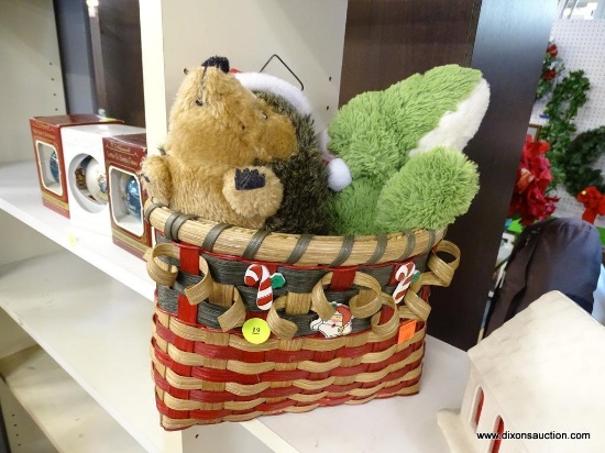 CHRISTMAS BASKET LOT; RED, BROWN, AND GREEN WOVEN BASKET WITH PLUSH CHRISTMAS THEMED ANIMALS.