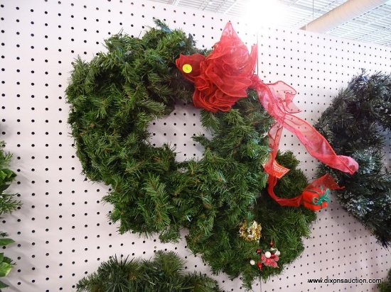 2 WREATH LOT; LOT OF 2 WREATHS (1 IS 16 IN DIA WITH A RED BOW AND 1 IS A 11 IN DIA WITH ARTIFICIAL
