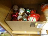 BOX LOT OF CHRISTMAS ORNAMENTS; SOME OF ANGELS, SOME PINK AND RED, SOME ARE HAND PAINTED, ETC.