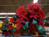 ARTIFICIAL POTTED POINSETTIA; IN ROUND BROWN WICKER BASKET, MEASURES ABOUT 18 IN TALL.