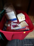 ASSORTED TUB LOT OF GIFT WRAP; INCLUDES BAGS, TAGS, BOXES, ETC. INCLUDES RED PLASTIC TUB.