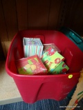ASSORTED TUB LOT OF BRAND NEW CHRISTMAS CARD SETS; LOT INCLUDES RED PLASTIC TUB AS WELL.