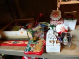 ASSORTED HOLIDAY LOT; INCLUDES BOX OF DRUM SHAPED VINTAGE ORNAMENTS, YARN BALL SANTA AND MRS CLAUS
