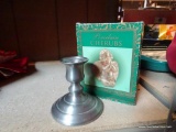 PORCELAIN CHERUBS FIGURINE IN ORIGINAL BOX, AS WELL AS WALLACE PEWTER CANDLESTICK.