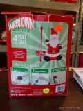 AIRBLOWN INFLATABLE SANTA CLAUS; IN ORIGINAL BOX,, PLUGS INTO STANDARD OUTLET, MEASURES 4 FT TALL.