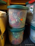 LOT OF 2 HANDLED PLASTIC STORAGE BOXES PLUS A DOUBLE-HANDLED SHOPPING BAG; CONTENTS INCLUDED SUCH AS