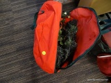 RED AND GREEN WREATH BAG WITH CONTENTS; CONTENTS INCLUDE ARTIFICIAL POINSETTIAS, BIRDS, GARLAND AND