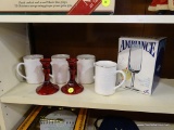 ASSORTED LOT; PAIR OF RUBY RED GLASS CANDLE STICK HOLDERS, 4 LIBBEY HOLLY THEMED MUGS, AND AN