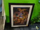 FRAMED PUZZLE PICTURE; DEPICTS THE BIRTH OF CHRIST IN THE MANGER. MATTED WITH WHITE MATTING AND IN A