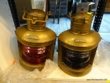 LANTERNS; PAIR OF SHIP STYLE LANTERNS. 1 IS A PORT AND 1 IS A STARBOARD. BOTH ARE IN BRASS CASES AND