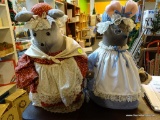PAIR OF MOUSE FIGURES; CLOTH AND PLUSHED MOUSE FIGURES IN DRESSES AND BONNETS. EACH STANDS