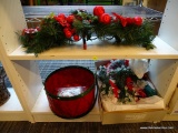 2 SHELF LOT; GARLAND THEMED CANDLE HOLDER, WOVEN DRUM THEMED BASKET, ETC.