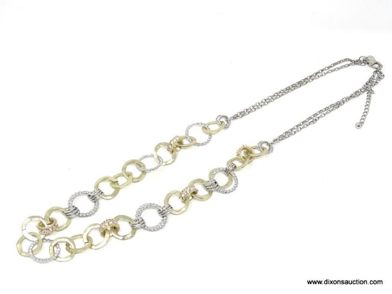 CHICO'S GOLD AND SILVER TONE LINK NECKLACE WITH LARGE EASY TO OPERATE CLASP. EMBELLISHED WITH