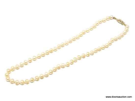 VINTAGE 16" (5MM) PEARL NECKLACE. INDIVIDUALLY HAND KNOTTED WITH TRADITIONAL PEARL STYLE CLASP.