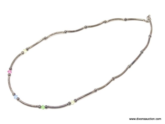 VINTAGE STERLING SILVER NECKLACE WITH MULTICOLORED BEADS. 15" WEIGHS 5.4 GRAMS.