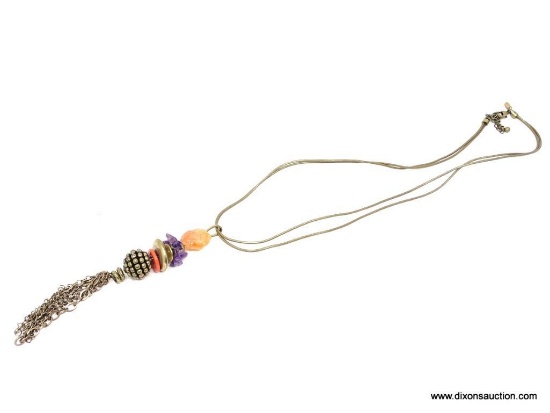 CHICO'S SIGNED LEATHER NECKLACE WITH 7" MIXED STONE, BEAD, AND TASSLED DROP PENDANT. FOR THAT VERY