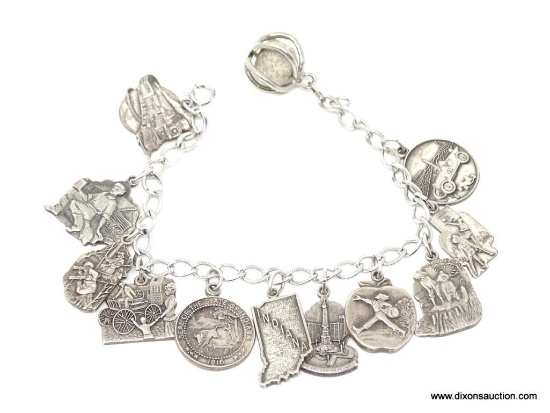 STERLING SILVER STATE OF INDIANA SOUVENIR/LANDMARKS BRACELET. 12 CHARMS INCLUDE STATE OF INDIANA,