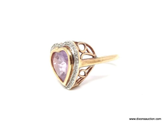 VINTAGE HEART SHAPED AMETHYST AND DIAMOND 18K YELLOW GOLD OVER STERLING SILVER RING. SIGNED JST.