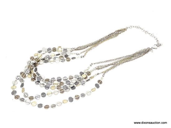 CHICO'S 5 STRAND MULTICOLORED NECKLACE. GOLD, SILVER AND BRONZE TONE WITH LARGE EASY TO OPERATE