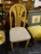 FAN BACK CHAIR; LIGHT COLORED WOOD CHAIR WITH A FAN BACK. THIS CHAIR HAS A TWEED LOOK SEAT AND SITS