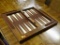 BACKGAMMON BOARD; BEAUTIFUL WOODEN BACKGAMMON BOARD WITH FELT LINES SIDE CUT OUTS, AND LEATHER AND