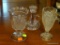 ASSORTED GLASS LOT; THIS LOT CONTAINS TWO GOBLETS AND A HANDLED CANDLESTICK. ONE OF THE GOBLETS HAS