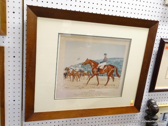 "RUBAN" FRAMED HORSE RACING PRINT; FRAMED PRINT OF "RUBAN". THIS PRINT SHOWS FOUR HORSES AND THEIR