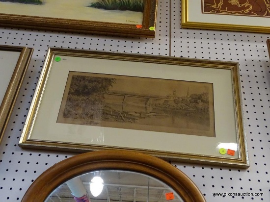 FRAMED COVERED BRIDGE SKETCH; FRAMED SKETCH OF A LONG BRIDGE WITH TWO CHURCHES ACROSS THE WATER IN