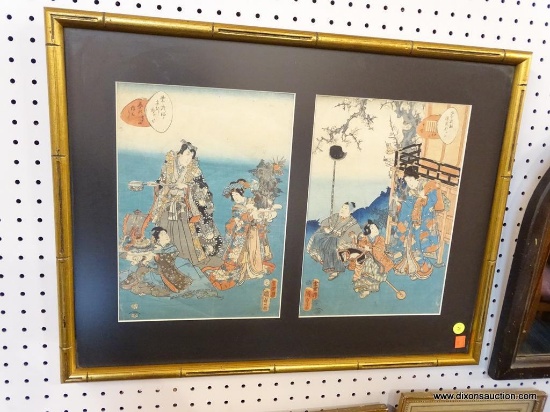 FRAMED JAPANESE PRINTS; SET OF TWO PRINTS IN ONE FRAME THAT SHOW JAPANESE GEISHAS. THEY ARE MATTED