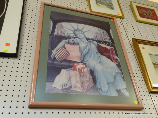 "SCHLEPPING HOME" FRAMED LADY LIBERTY PRINT; THIS PRINT IS TITLED "SCHLEPPING HOME" AND SHOWS LADY