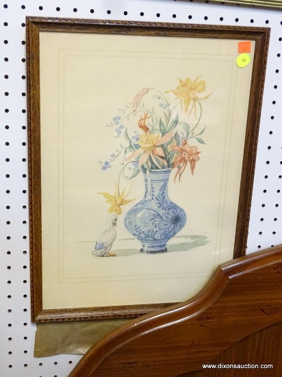 VINTAGE FRAMED PRINT; THIS VINTAGE PRINT SHOWS A DUCKLING STANDING NEXT TO LARGE BLUE VASE FILLED