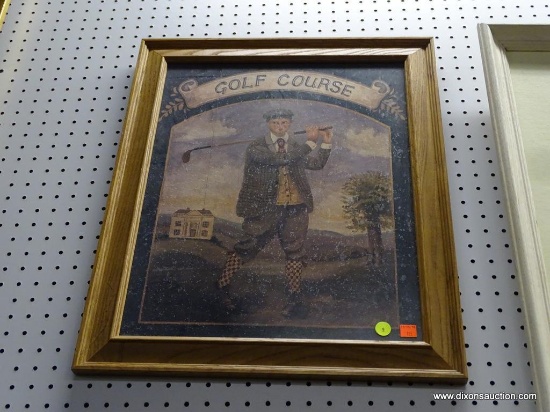 FRAMED GOLFER PRINT; "GOLF COURSE" PRINT SHOWING AN EARLY 1900'S MAN ON A GOLF COURSE WITH A CLUB