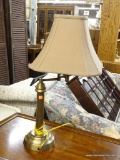 BRUSHED TABLE LAMP; THIS TABLE LAMP HAS A TAN COLORED SQUARED SHAPED SHADE. THIS LAMP HAS AN