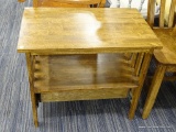 WOODEN SIDE TABLE; RECTANGULAR TOP WOODEN SIDE TABLE WITH SLATTED SIDES, AND A LOWER DRAWER WITH A