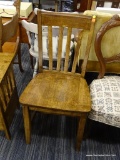 WOODEN SLAT BACK CHAIR; SIMPLE WOODEN CHAIR WITH SLATTED BACK, AND SLIGHTLY INDENTED SEAT SITTING