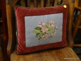 NEEDLEPOINT THROW PILLOW; THIS SMALL NEEDLEPOINT THROW PILLOW IS BURGUNDY AROUND THE EDGES WITH