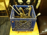 CRATE LOT OF TOOLS; THIS LOT IS IN A BLUE MILK CRATE AND CONTAINS VARIOUS TOOLS SUCH AS CLAMPS,