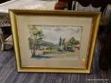 FRAMED WATERCOLOR; BEAUTIFUL WATERCOLOR OF A FARM IN THE MOUNTAINS. THIS PIECE IS SIGNED BY THE