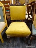 VINTAGE FLAT BACK CHAIR; THE TOP RAIL OF THIS CHAIR HAS A CARVED DETAILING. THE CENTER RAIL OF THIS