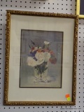 FRAMED FLORAL STILL LIFE; FRAMED STILL LIFE FEATURING A CLEAR GLASS VASE FILLED WITH WHITE, RED, AND