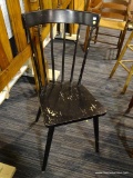 STICK BACK CHAIR; BLACK PAINTED STICK BACK CHAIR WITH CURVED TOP RAIL, SLIGHT SADDLE SEAT AND FOUR