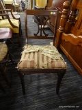 PIERCED SPLAT BACK CHAIR; VINTAGE CHAIR WITH A PIERCED BACK SPLAT, A CUSHIONED SEAT THAT HAS 3 OLD