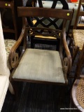 VINTAGE SIDE CHAIR; VINTAGE CHAIR WITH CURVED TOP RAIL, CARVED CENTER RAIL, TWO SCROLLING ARMS AND A