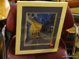 FRAMED PRINT; THIS IS A FRAMED PRINT SHOWING AN OUTDOOR SCENE WITH A CAFE AT NIGHT TIME. IT IS