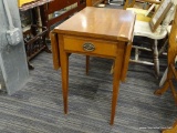 DROP LEAF SIDE TABLE; RECTANGULAR WOODEN SIDE TABLE WITH TWO SIDE DROP LEAVES. THIS TABLE HAS A