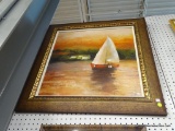 FRAMED OIL ON CANVAS; LARGE OIL ON CANVAS OF A SAILBOAT ON THE WATER AT SUNSET. THIS PIECE IS MATTED
