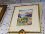 FRAMED SEASIDE PRINT; FRAMED WATERCOLOR OF A BEAUTIFUL GARDEN OVERLOOKING THE WATER. IT IS MATTED
